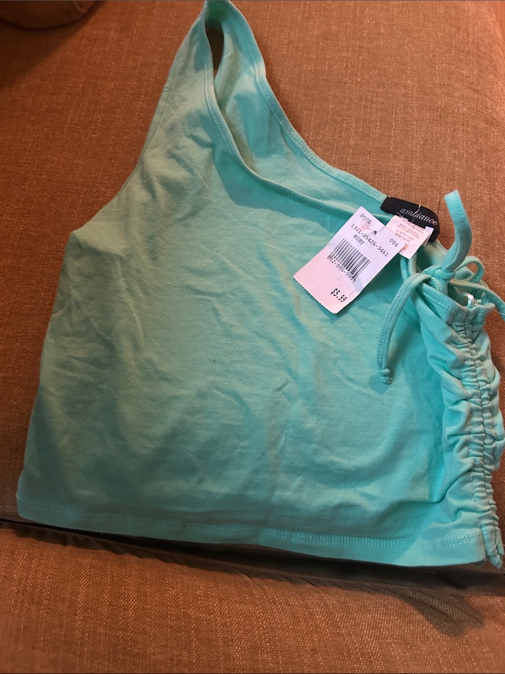 Ambiance Mint Green One-Shoulder Side-Ruched Crop Top